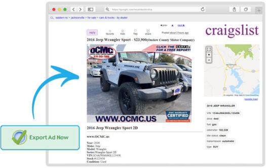 The KGI Craigslist posting tool with a vehicle ad ready to post