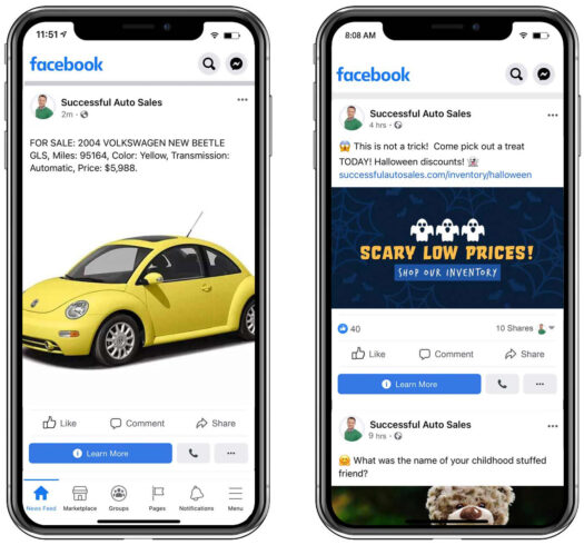 Two phones showing dealer-posted vehicles on the dealership's Facebook Business Page