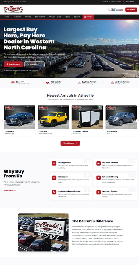A full custom homepage KGI built for DeBruhl's Used Car Superstore, top to bottom, not a template