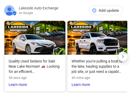Google Business Profile posts for car dealers showing different vehicle type categories with custom AI-generated images